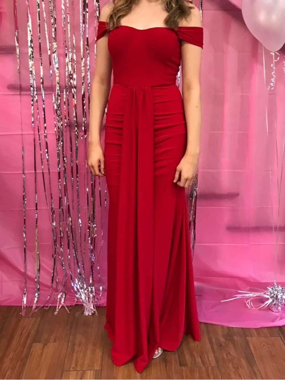 Symphony Vibrant Red Off the Shoulder Prom Gown